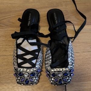 Azalea Wang Black Embellished Lace-Up Flats with Blue Accents